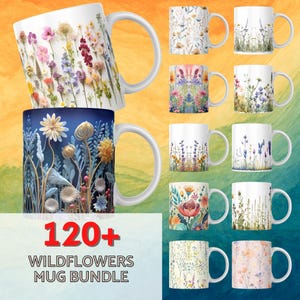 Può includere: Una collezione di tazze in ceramica bianca con vari disegni di fiori selvatici. Le tazze presentano motivi floreali colorati, tra cui illustrazioni dettagliate di diversi fiori selvatici. L'immagine include il testo "120+ WILDFLOWERS MUG BUNDLE".