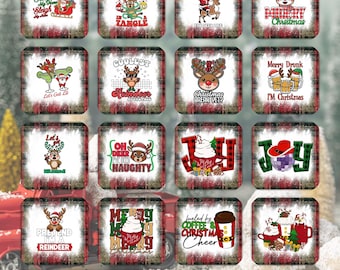 May include: Twenty-one square Christmas coasters with various designs featuring reindeer, Santa, Christmas drinks, and festive sayings. The coasters have a red and black tartan background with a white snowy overlay.