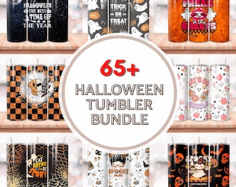 May include: A collection of 65+ Halloween-themed tumbler designs. The tumblers feature various designs, including ghosts, pumpkins, bats, and spooky sayings. The text "65+ HALLOWEEN TUMBLER BUNDLE" is displayed in red letters on a white background.