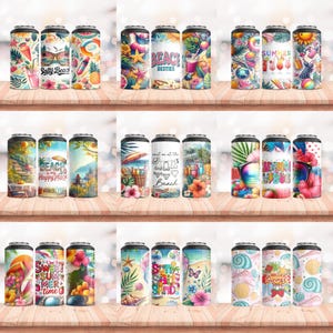 Pu&ograve; includere: Una collezione di refrigeratori per lattine di bevande isolanti con disegni a tema spiaggia. I refrigeratori presentano illustrazioni vivaci di elementi tropicali, tra cui conchiglie, stelle marine e cocktail. Alcuni refrigeratori hanno il testo "Salty Beach", "Beach Besties", "Sweet Summer Time".