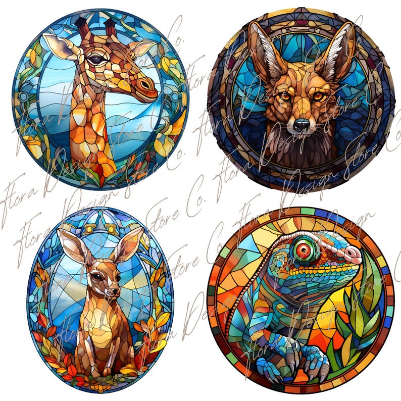 May include: Four round stained glass illustrations of animals. A giraffe, a fox, a deer, and a lizard. Each illustration is set against a blue background with yellow and orange accents.