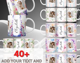 Paquete de collage de plantillas de taza con foto y texto propio, diseño de taza con foto, plantilla de taza de 11 oz y 15 oz, floral, agrega tu propio texto, descarga digital