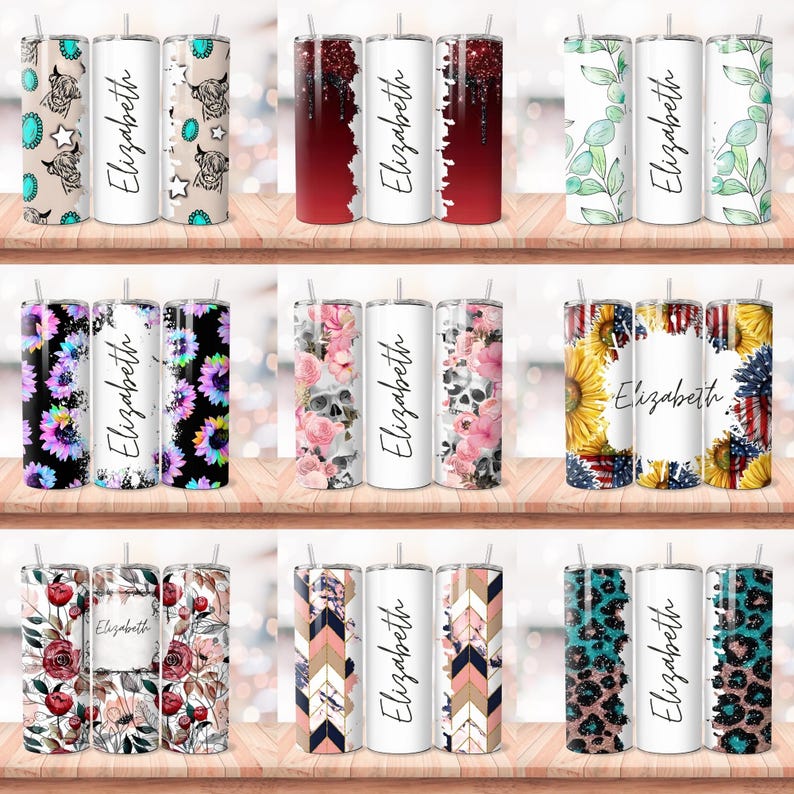 Puede incluir: Conjunto de 10 vasos de acero inoxidable personalizados con diferentes dise&ntilde;os. Los vasos tienen un fondo blanco con un dise&ntilde;o colorido en un lado y el nombre "Elizabeth" en el otro.