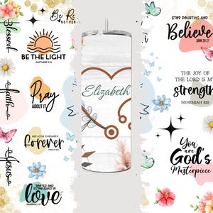 May include: A white stainless steel tumbler with a brown heart design and the name "Elizabeth" written in teal. The tumbler is surrounded by a floral pattern with butterflies and a wood grain background. The tumbler is part of a set of images with inspirational quotes and bible verses.