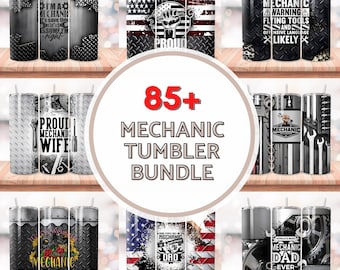 May include: A bundle of 85+ mechanic themed tumbler designs. The tumblers feature a variety of designs, including American flags, tools, and slogans like "Proud Mechanic Wife" and "World's Best Mechanic Dad Ever".
