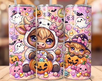Pink Halloween Highland Cow Tumbler Wrap PNG, Cute Cow 20oz Skinny Tumbler Design, Spooky Cute Ghost Pumpkin Sublimation, Halloween Download