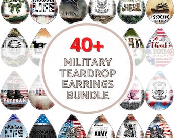 May include: A selection of over 40 military-themed teardrop earrings. The earrings display diverse designs, including patriotic themes, military insignia, and text such as "Military Life" and "Proud Veteran". The image also includes the text "40+ Military Teardrop Earrings Bundle".
