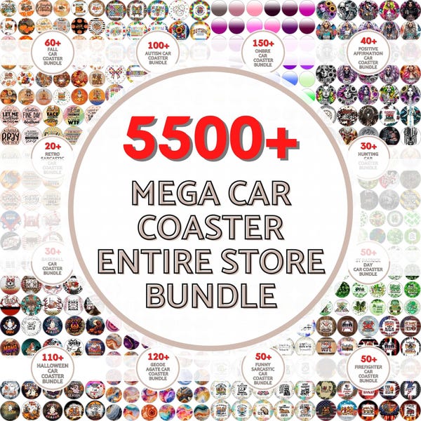 5500種類以上のメガカーコースターバンドル、ストア全体のカーコースターPNGコレクション、巨大な昇華バンドル、丸型カーコースターデザイン、デジタルダウンロード