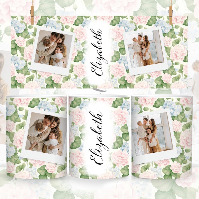 May include: A white mug with a floral pattern featuring pink and blue flowers. The mug has a photo of a family of three in a white frame. The name "Elizabeth" is written in cursive on the mug.