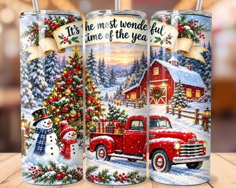 Vintage Christmas Truck Tumbler Wrap PNG, Red Truck 20oz Skinny Tumbler Design, Farmhouse Christmas Snowman Sublimation, Digital Download