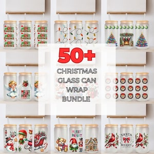 May include: A collection of frosted glass can wraps with various Christmas-themed designs. The designs include Christmas trees, angels, wreaths, and holiday phrases. Each can wrap has a bamboo lid and a straw. The text "50+ CHRISTMAS GLASS CAN WRAP BUNDLE" is displayed.