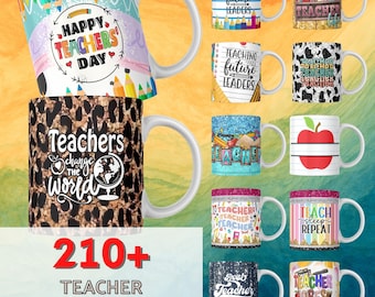 Paquete de más de 210 diseños de envoltorios para tazas de maestros, envoltorios para tazas de agradecimiento, tazas con temática de vida docente, tazas PNG para maestros, diseños de sublimación para tazas de 11 oz y 15 oz