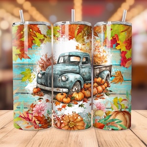 Fall Pumpkin Truck Tumbler Wrap: Teal Orange Floral Design (Digital PNG)