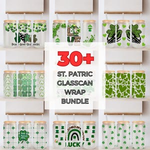 May include: A set of 30+ St. Patrick's Day themed glass can wraps. The wraps feature various designs including shamrocks, hearts, rainbows, and the text "Howdy" and "I.UCK".
