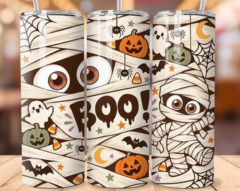 Cute Mummy Halloween Tumbler Wrap PNG, Boo Ghost 20oz Skinny Tumbler Design, Pumpkin Mummy Sublimation Digital Download