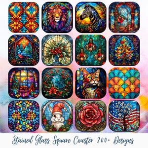 Puede incluir: Una colección de posavasos cuadrados con diseños de vidrieras. Los posavasos presentan varias imágenes, incluyendo un león, una cebra, un gato y patrones florales. El texto "Stained Glass Square Coaster 200+ Designs" está en la parte inferior.