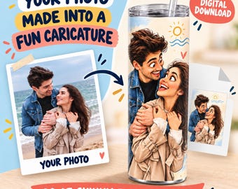 Custom Caricature Tumbler Wrap, Personalized Photo 20oz Skinny Tumbler PNG, Cartoon Couple Portrait, Digital Download