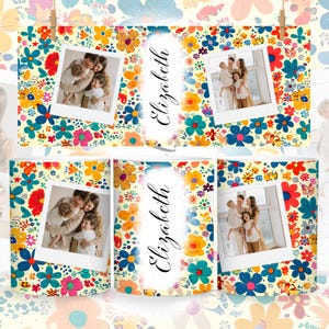 May include: A white mug with a colorful floral pattern and three photos of a family. The mug has the name "Elizabeth" written on it.