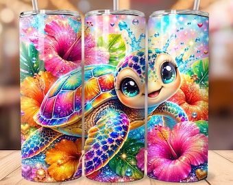 かわいいウミガメタンブラーPNG | かわいいトロピカルタートルラップ | 夏のビーチハイビスカス昇華プリント | 20オンススリムタンブラーデジタルダウンロード