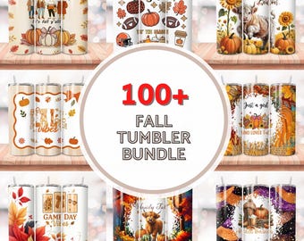 Puede incluir: Una colección de vasos con temática otoñal con varios diseños, incluyendo calabazas, hojas y el texto "It's fall y'all!" y "Game Day Vibes." La imagen también presenta el texto "100+ Fall Tumbler Bundle."