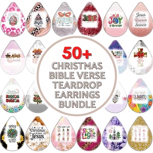 May include: A collection of over 50 Christmas Bible verse teardrop earrings. The earrings feature various designs, including religious imagery, Christmas trees, and inspirational quotes. The earrings are in a teardrop shape and have a glittery finish.