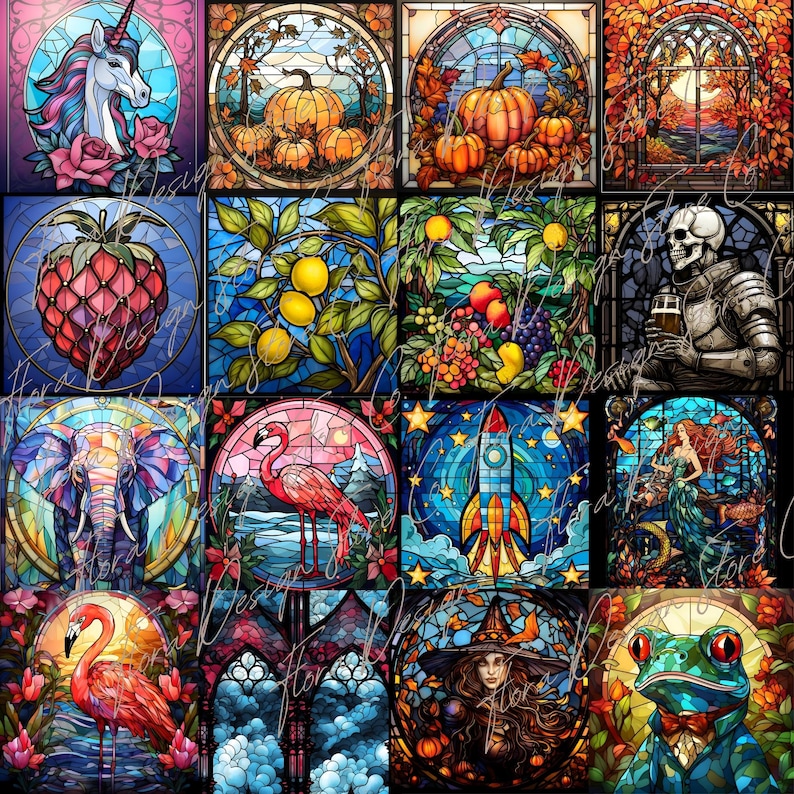 May include: A collage of 16 stained glass images featuring a variety of subjects, including a unicorn, pumpkins, a strawberry, lemons, grapes, a skeleton, a flamingo, a rocket, a mermaid, a witch, and a frog. The images are all in a stained glass style, with vibrant colors and intricate details.