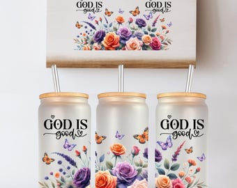 Bibel-Vers 16 Unze Glasdosenverpackung PNG, Gott ist gut Glassublimations-Entwurf Boho christlicher Bibel-Glauben-Kreuz-Blumenlibbey-Glasschale