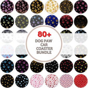 Bundle med hundtassar och bilunderlägg – 80+ söta tassavtryck med sublimering i PNG-format – Runda djurtryckta bilunderläggsdesigner – Digital nedladdning för husdjursälskare