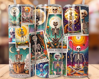 Sarcastic Tarot Cards Tumbler Wrap, Funny Tumbler PNG, Sweary Witchy Skeleton 20oz Skinny Straight Tumbler Wrap Sublimation Design Download