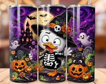 Cute Halloween Duck Tumbler Wrap PNG, Witch Duck Skeleton 20oz Skinny Tumbler Sublimation, Spooky Ghost Pumpkin Halloween Digital Download