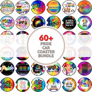 May include: A set of 60+ colorful car coasters featuring various pride-themed designs. The coasters are round and have a variety of designs, including rainbows, hearts, and the words "Pride" and "Love".