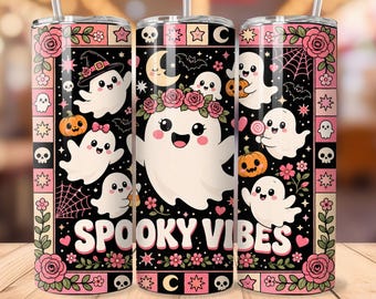 Spooky Vibes Ghost Tumbler Wrap PNG, Cute Pink Halloween 20oz Skinny Tumbler Sublimation Design