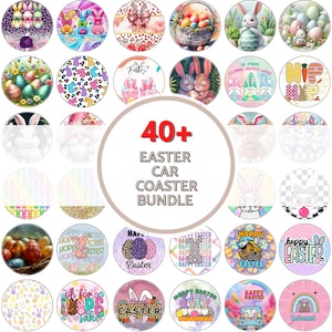 May include: A set of 40+ Easter-themed car coasters. The coasters feature a variety of designs, including bunnies, eggs, flowers, and spring-themed patterns. The coasters are perfect for adding a touch of Easter cheer to your car.