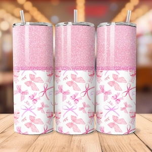 May include: Three pink glitter stainless steel tumblers with a white background and a pink and white gingham bow pattern.