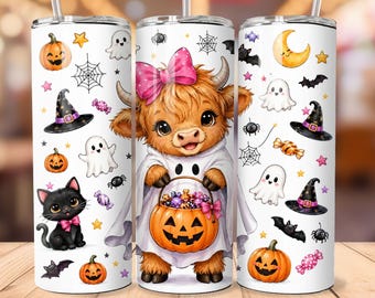 Halloween Highland Cow Tumbler Wrap PNG, Cute Ghost Cow 20oz Skinny Tumbler Sublimation, Pumpkin Witch Spooky Season Digital Download