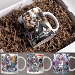 May include: Three white ceramic mugs with colorful designs and inspirational quotes. The first mug features a woman with colorful hair and the text "You are enough". The second mug features a woman with colorful hair and the text "Stronger than the storm". The third mug features a woman with purple hair and the text "I'm not perfect".