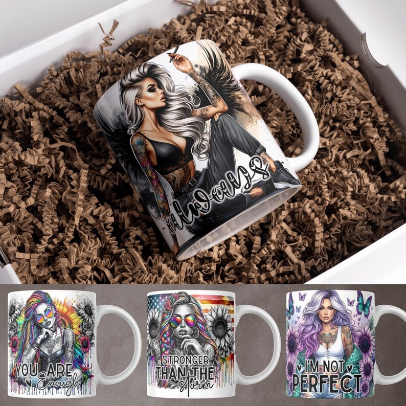 May include: Three white ceramic mugs with colorful designs and inspirational quotes. The first mug features a woman with colorful hair and the text "You are enough". The second mug features a woman with colorful hair and the text "Stronger than the storm". The third mug features a woman with purple hair and the text "I'm not perfect".