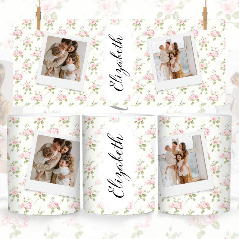 May include: Two white mugs with a floral pattern and a photo of a family. The mugs are personalized with the name "Elizabeth".