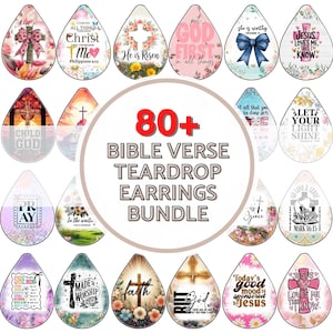 May include: A collection of over 80 Bible verse teardrop earrings. Each earring features a unique design with floral accents, crosses, and inspirational quotes. The earrings are in various colors, including pink, blue, and white.