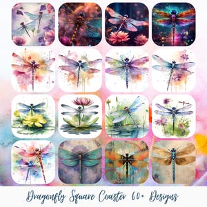 Dragonfly Square Coaster Sublimation Bundle, 60+ Watercolor Insect Drink Coaster PNGs, Nature Dragonfly Clipart, Digital Download for DIY