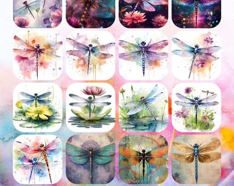 Dragonfly Square Coaster sublimatiebundel, 60+ aquarel insecten Drink Coaster PNG's, natuur Dragonfly clipart, digitale download voor cadeaus