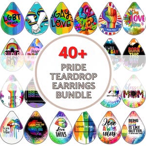 May include: A collection of over 40 Pride-themed teardrop earrings. Each earring features a unique design with rainbow colors and positive messages like "Love Wins," "Gay Love," and "LGBT Power." The earrings are a vibrant display of LGBTQ+ pride.