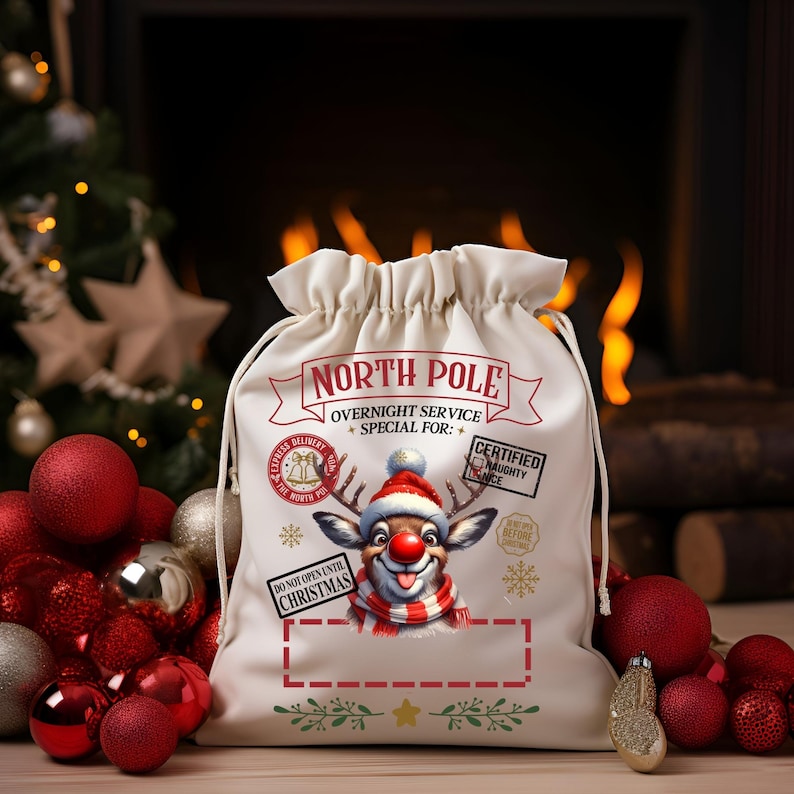Puede incluir: Un saco de Santa de lona blanca con una ilustraci&oacute;n de reno rojo y blanco. El saco tiene el texto "NORTH POLE" y "OVERNIGHT SERVICE SPECIAL FOR:" impreso en &eacute;l. Hay un espacio en blanco para un nombre.