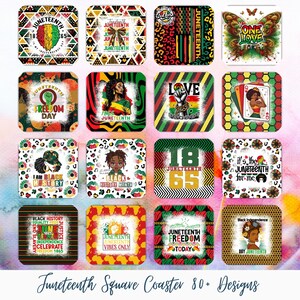 May include: A set of 12 square coasters featuring various designs celebrating Juneteenth. The designs include text, illustrations, and patterns in black, red, green, yellow, and white.