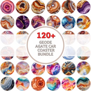 May include: A selection of geode agate car coasters with diverse patterns and colours. The circular coasters display swirling designs in pink, purple, orange, blue, and brown. The text in the centre reads "120+ GEODE AGATE CAR COASTER BUNDLE."