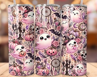 Pink Halloween Tumbler Wrap PNG, Cute Ghost 20oz Skinny Tumbler Design, Pastel Goth Witchy Sublimation, Spooky Season Digital Download