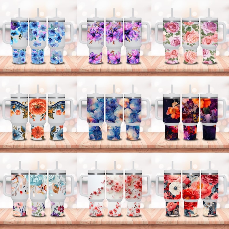 May include: Set of nine white stainless steel tumblers with double handles and lids. Each tumbler features a different floral design with various colors, including blue, pink, purple, orange, and red.