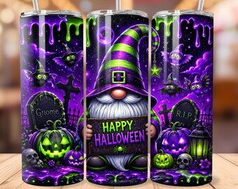 ネオンハロウィンノームタンブラーラップ、パープルグリーンパンプキン墓地デザイン、20オンススキニータンブラー昇華PNG