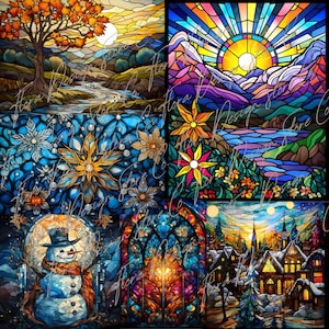 May include: A collage of four stained glass images depicting different seasons. The top left image shows a fall scene with a river, trees, and mountains. The top right image shows a summer scene with a sun, mountains, and a river. The bottom left image shows a winter scene with a snowman and snowflakes. The bottom right image shows a winter scene with a church, houses, and a Christmas tree.
