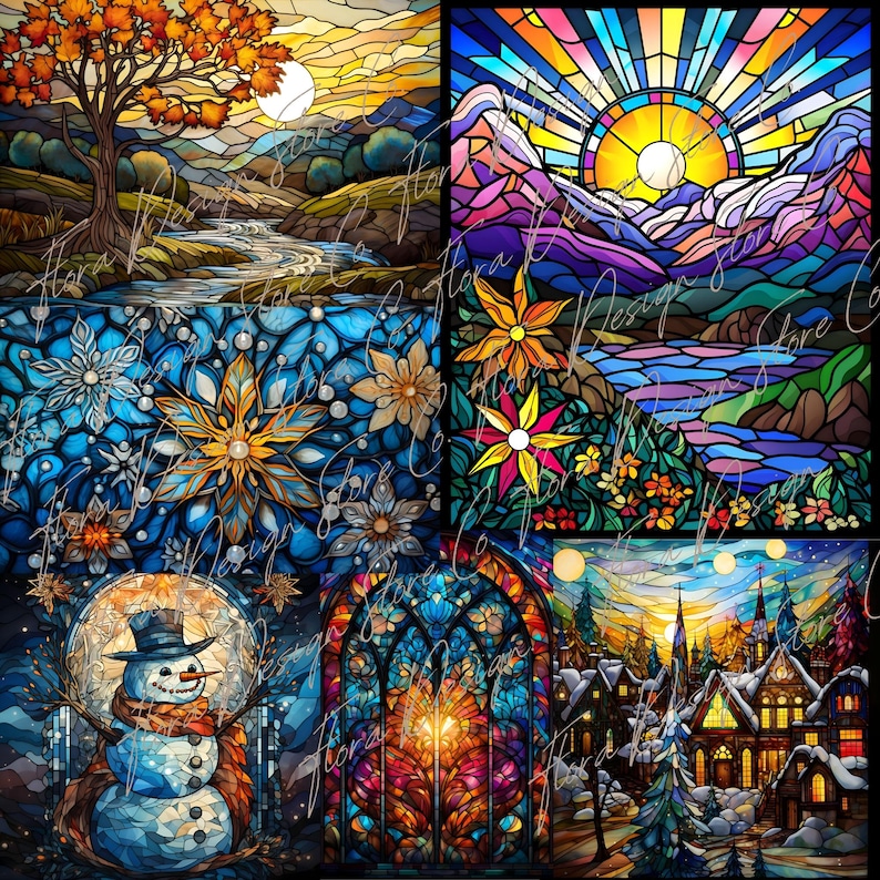 May include: A collage of four stained glass images depicting different seasons. The top left image shows a fall scene with a river, trees, and mountains. The top right image shows a summer scene with a sun, mountains, and a river. The bottom left image shows a winter scene with a snowman and snowflakes. The bottom right image shows a winter scene with a church, houses, and a Christmas tree.